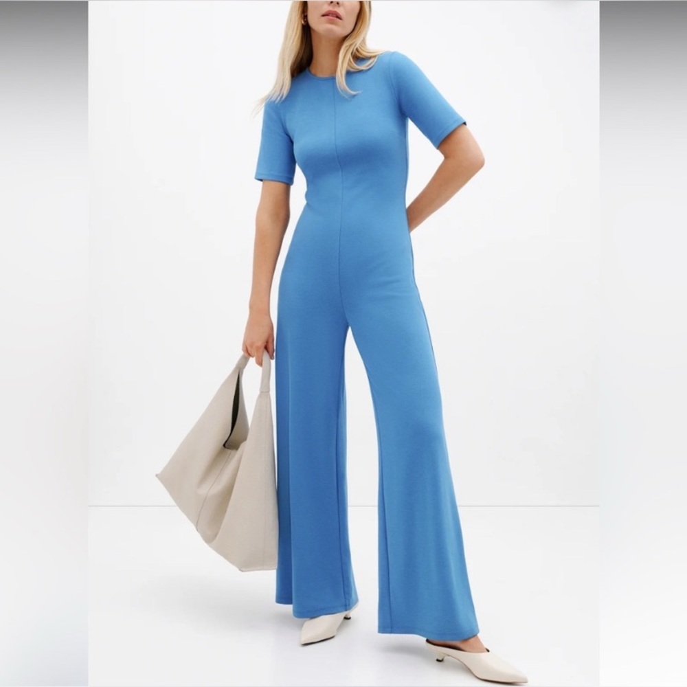 Marcella New York Anna Jumpsuit Short Sleeve Wide Leg European Ponte Sky Blue